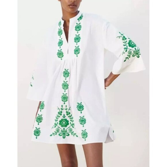 Zara Dresses & Skirts - White Green Embroidered Cotton Kaftan Tunic Mini DRESS from ZARA Size Medium New